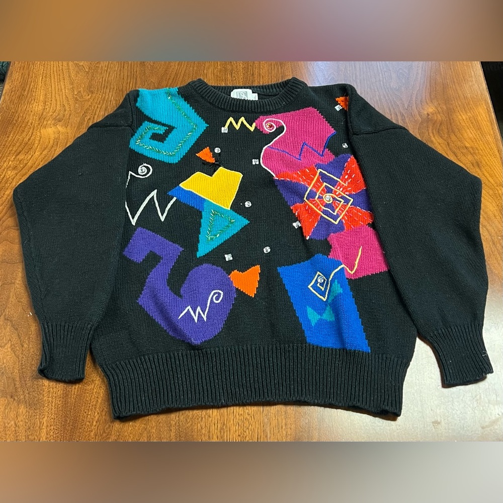 Vtg 90s Santoria Geometric Rhinestone Beaded Pullover Sweater Sz Large Petite
